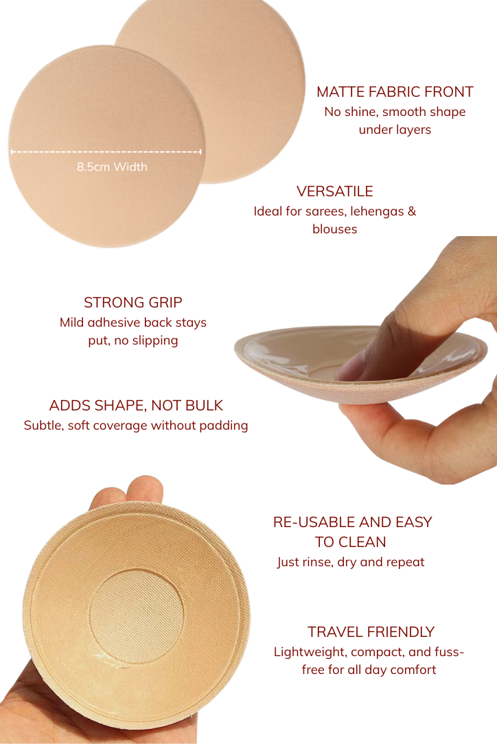 LayBareShop Sliq matte finish fabric front nipple cover with skin friendly silicone backing. Reusable, breathable, and invisible under clothes for all-day comfort and style.
